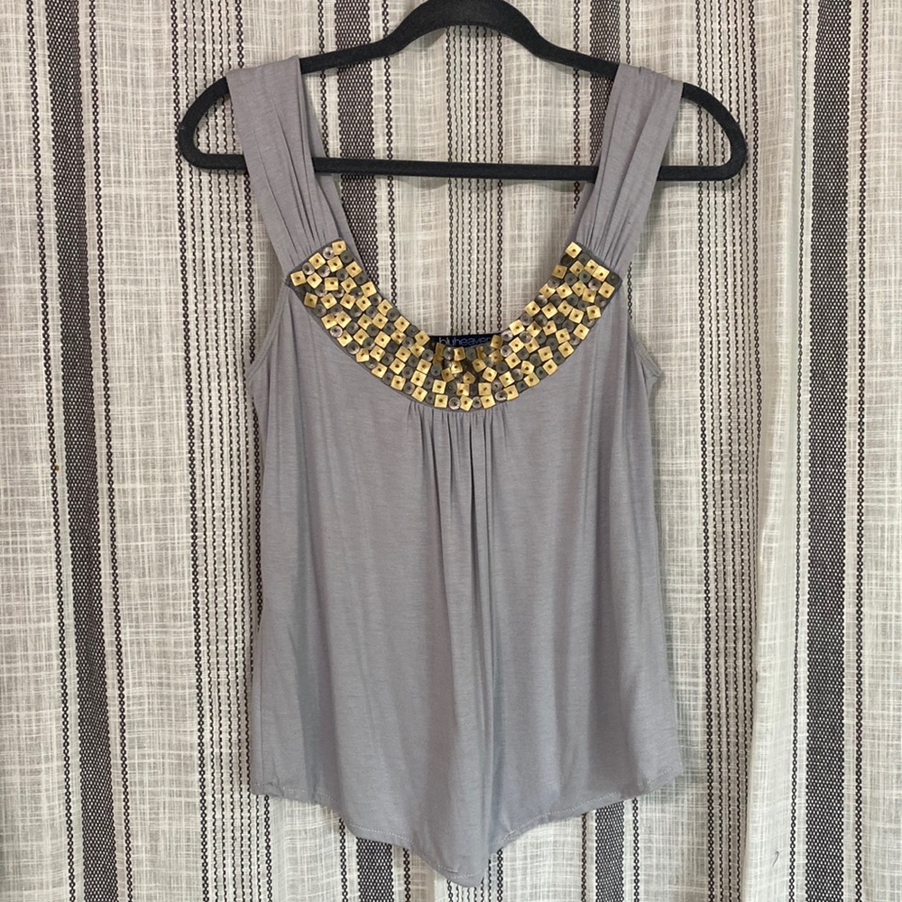 Light Gray Tank top with e and Gold Faux Leather and Beaded Detailing